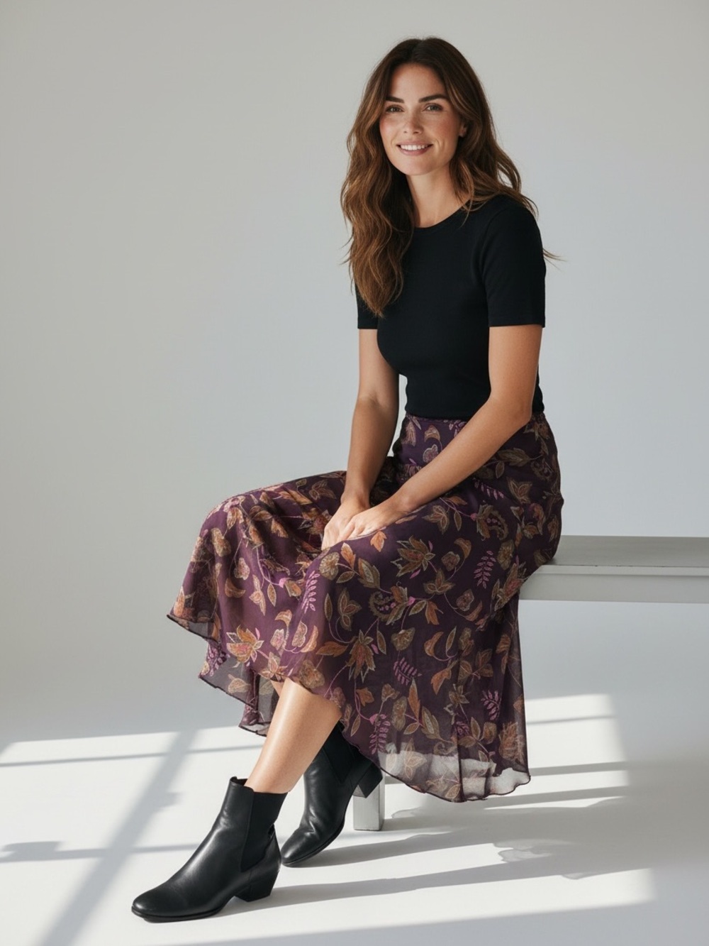 Vintage 90s Worthington Purple Floral Print Midi Skirt